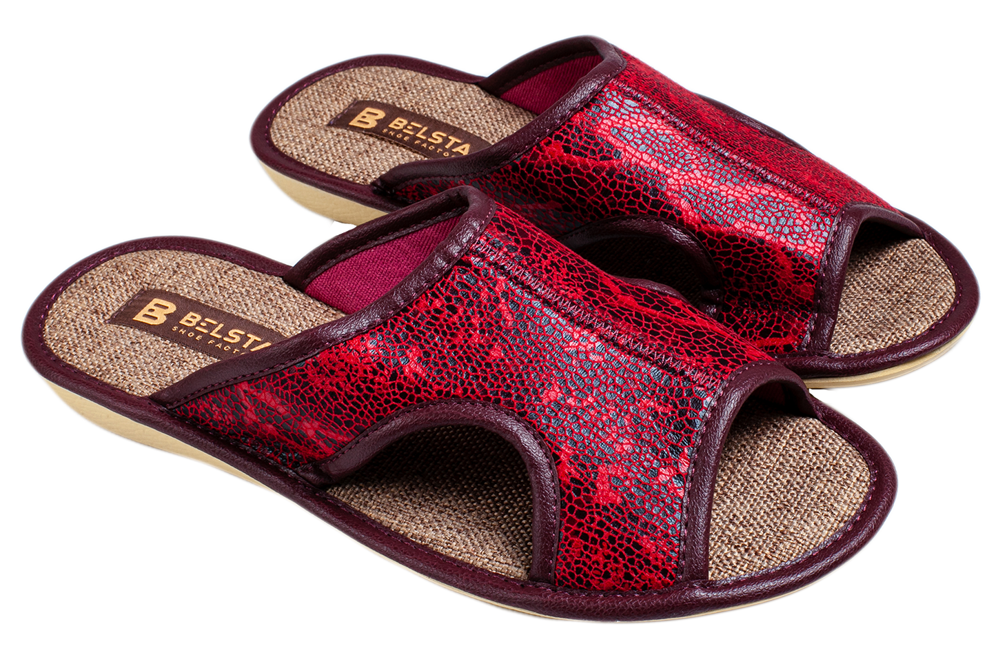Отворени дамски чехли BELSTA от червен текстил с покритие от еко кожа